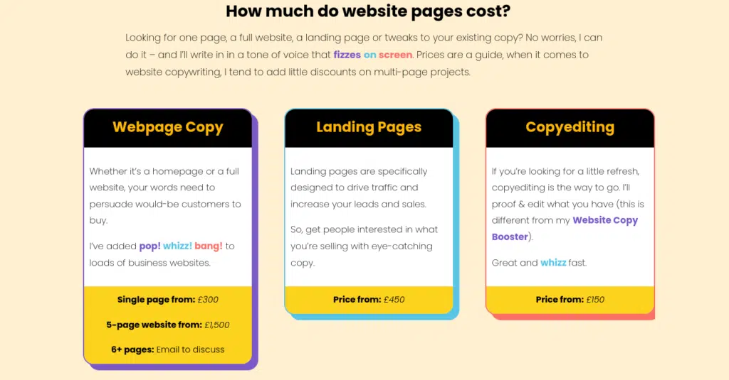 put prices on your website, how much does a copywriter cost